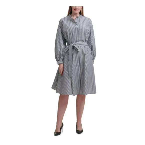 CALVIN KLEIN Womens White Belted Fitted Stand Collar Shirt Dress Plus 18W