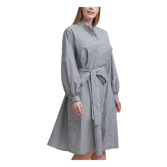 CALVIN KLEIN Womens White Belted Fitted Stand Collar Shirt Dress Plus 18W
