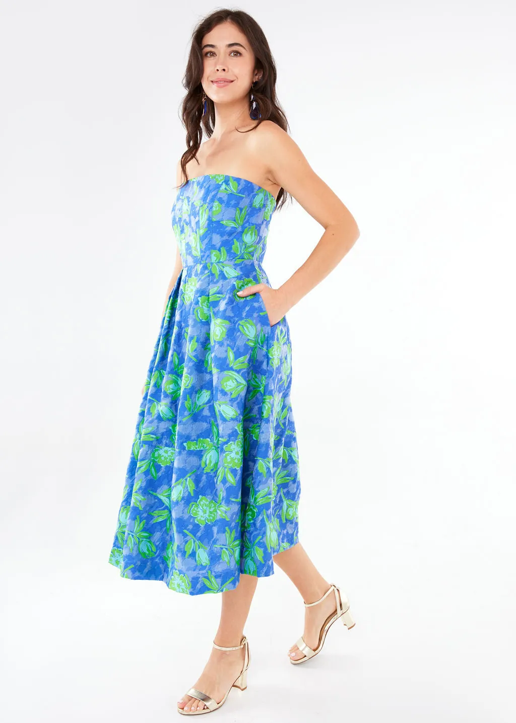 Catherine Dress Cobalt Tropical Tulip Jacquard