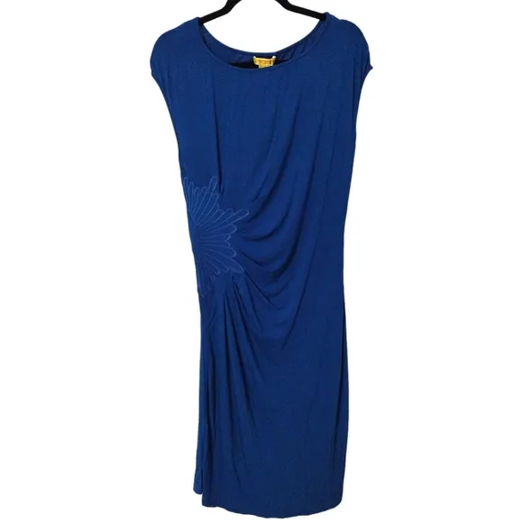 Catherine Malandrino Ruched Dress with Cap Sleeves &amp;  Embroidery, Medium, Blue