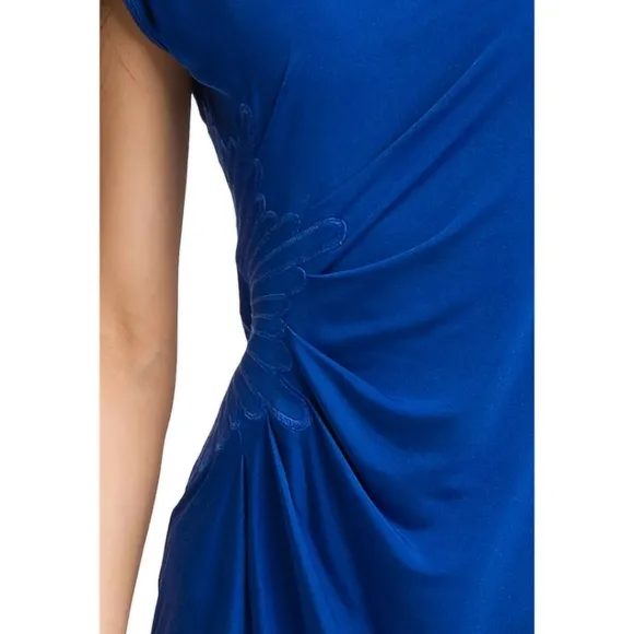 Catherine Malandrino Ruched Dress with Cap Sleeves &amp;  Embroidery, Medium, Blue
