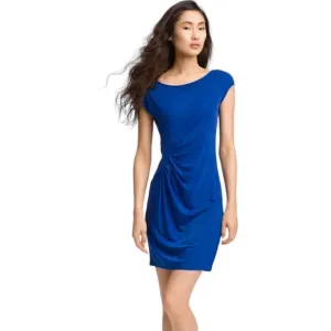 Catherine Malandrino Ruched Dress with Cap Sleeves &amp;  Embroidery, Medium, Blue