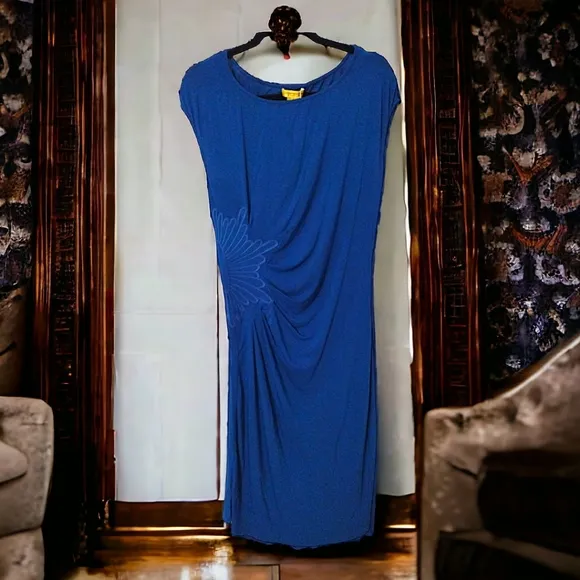 Catherine Malandrino Ruched Dress with Cap Sleeves &amp;  Embroidery, Medium, Blue