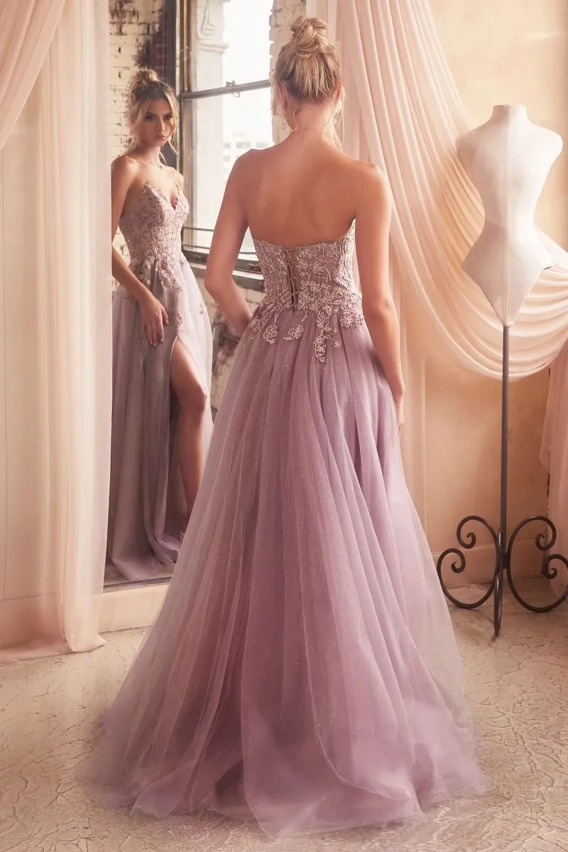 CD C148 - Lace & Tulle A-Line Prom Gown with Sheer Corset Bodice & Hidden Leg Slit