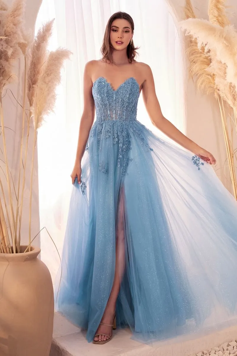 CD C148 - Lace & Tulle A-Line Prom Gown with Sheer Corset Bodice & Hidden Leg Slit