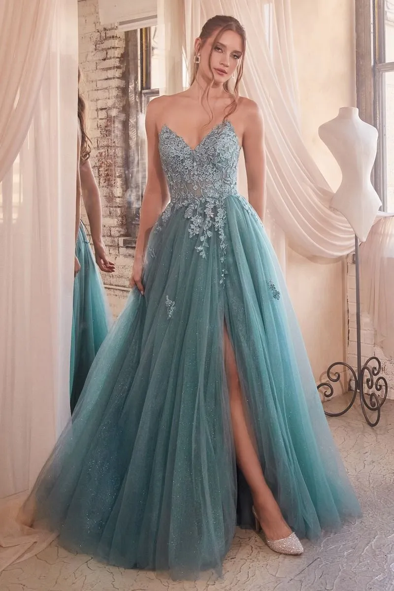 CD C148 - Lace & Tulle A-Line Prom Gown with Sheer Corset Bodice & Hidden Leg Slit