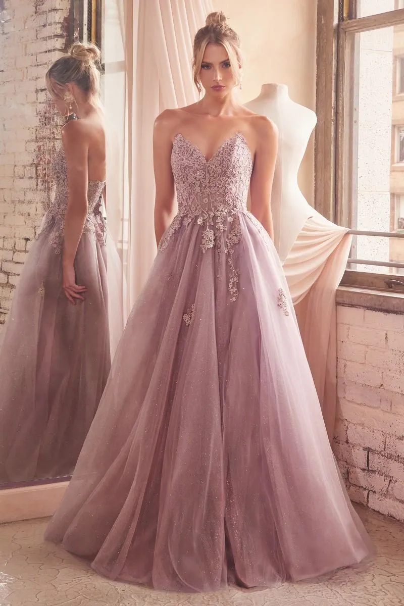 CD C148 - Lace & Tulle A-Line Prom Gown with Sheer Corset Bodice & Hidden Leg Slit