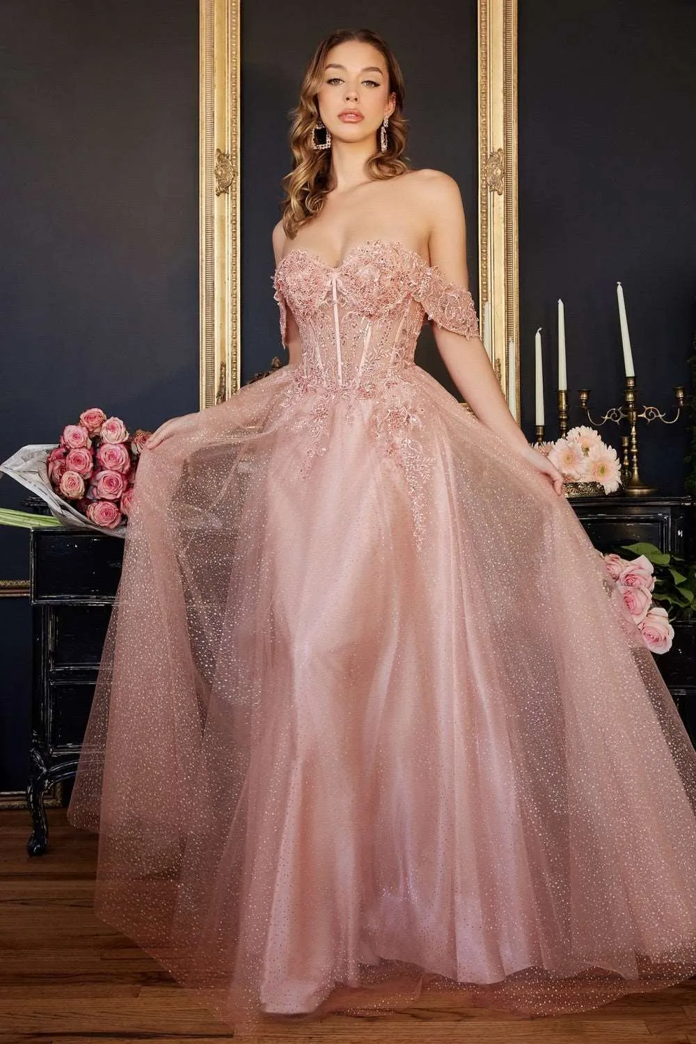 CD CD0198 - Off the Shoulder A-Line Prom Gown with Lace & Bead Embellished Sheer Boned Bodice