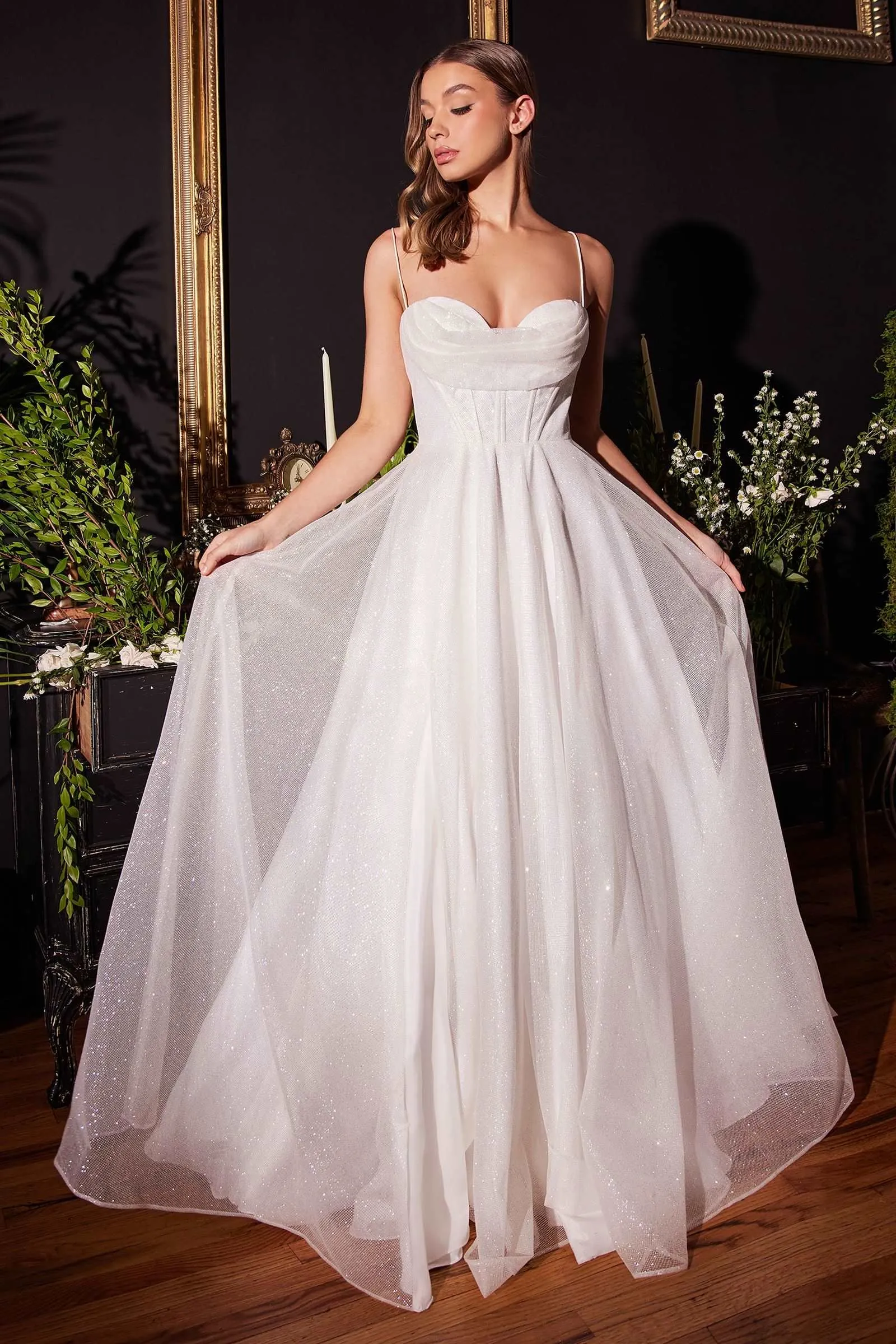 CD CD253W - Glittery Layered Tulle A-Line Wedding Gown with Corset Bodice Cowl Neck & Leg Slit