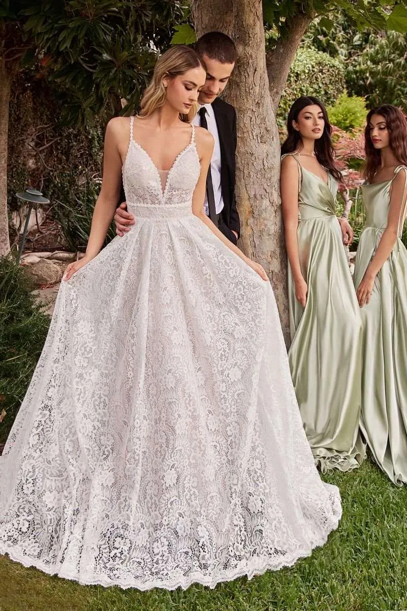 CD CD862W - Lace A-Line Wedding Gown with Sheer Sides V-Neck Bodice & Removeable Long Sleeve Jacket