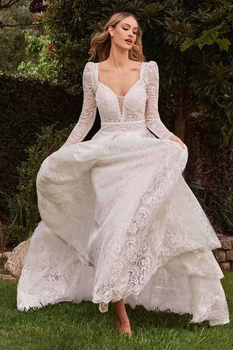 CD CD862W - Lace A-Line Wedding Gown with Sheer Sides V-Neck Bodice & Removeable Long Sleeve Jacket