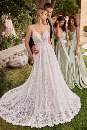 CD CD862W - Lace A-Line Wedding Gown with Sheer Sides V-Neck Bodice & Removeable Long Sleeve Jacket