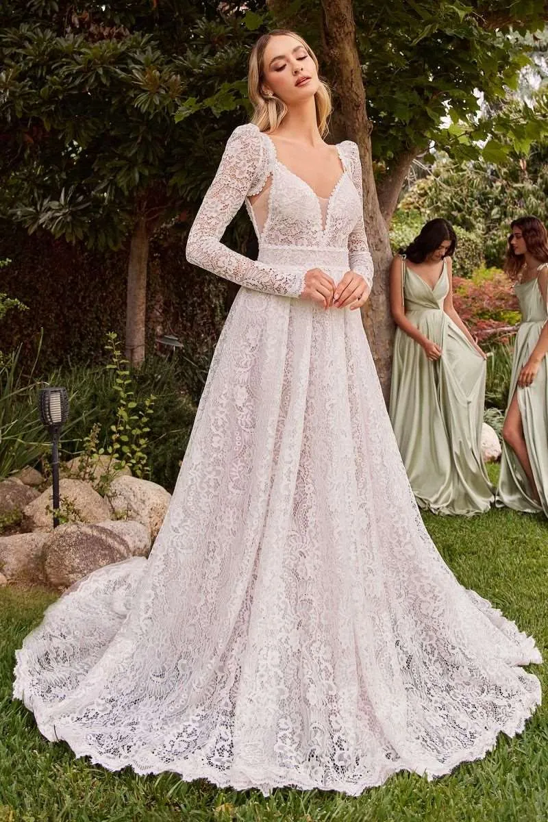 CD CD862W - Lace A-Line Wedding Gown with Sheer Sides V-Neck Bodice & Removeable Long Sleeve Jacket