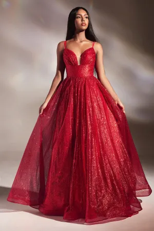 CD CD996 - Glittery Ball Gown with Gathered V-Neck Bodice Open Lace Up Corset Back & Side Pockets