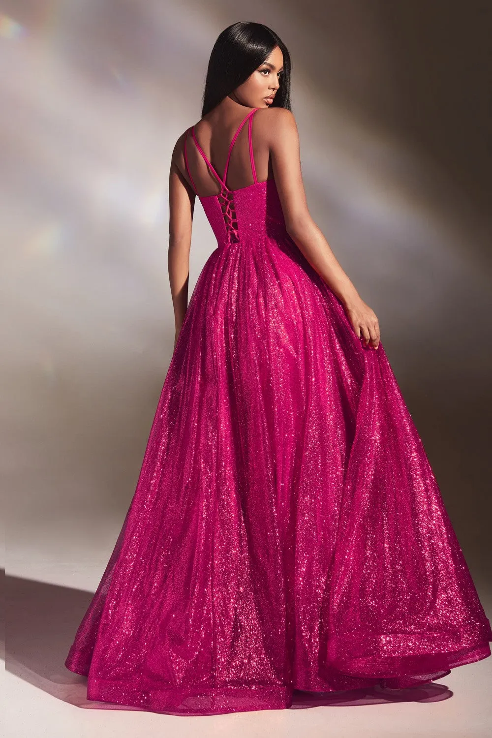 CD CD996 - Glittery Ball Gown with Gathered V-Neck Bodice Open Lace Up Corset Back & Side Pockets