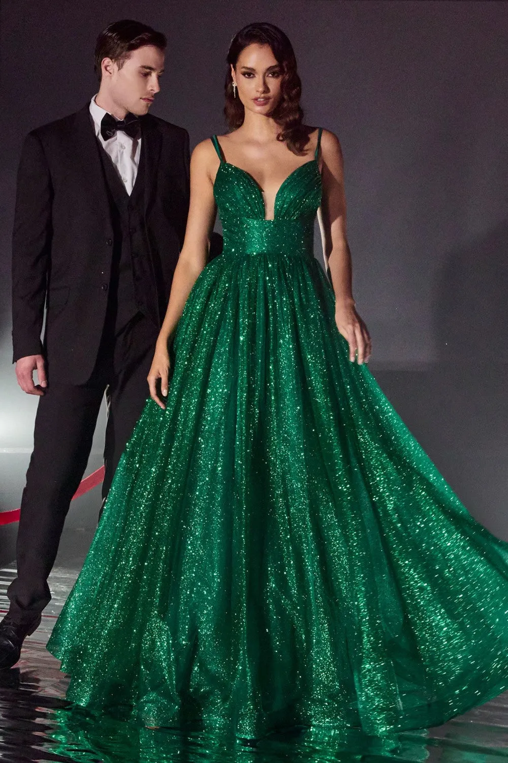 CD CD996 - Glittery Ball Gown with Gathered V-Neck Bodice Open Lace Up Corset Back & Side Pockets