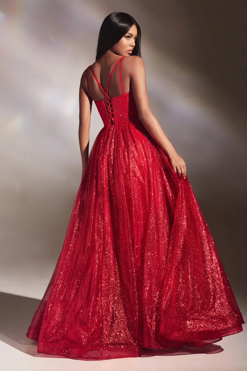 CD CD996 - Glittery Ball Gown with Gathered V-Neck Bodice Open Lace Up Corset Back & Side Pockets