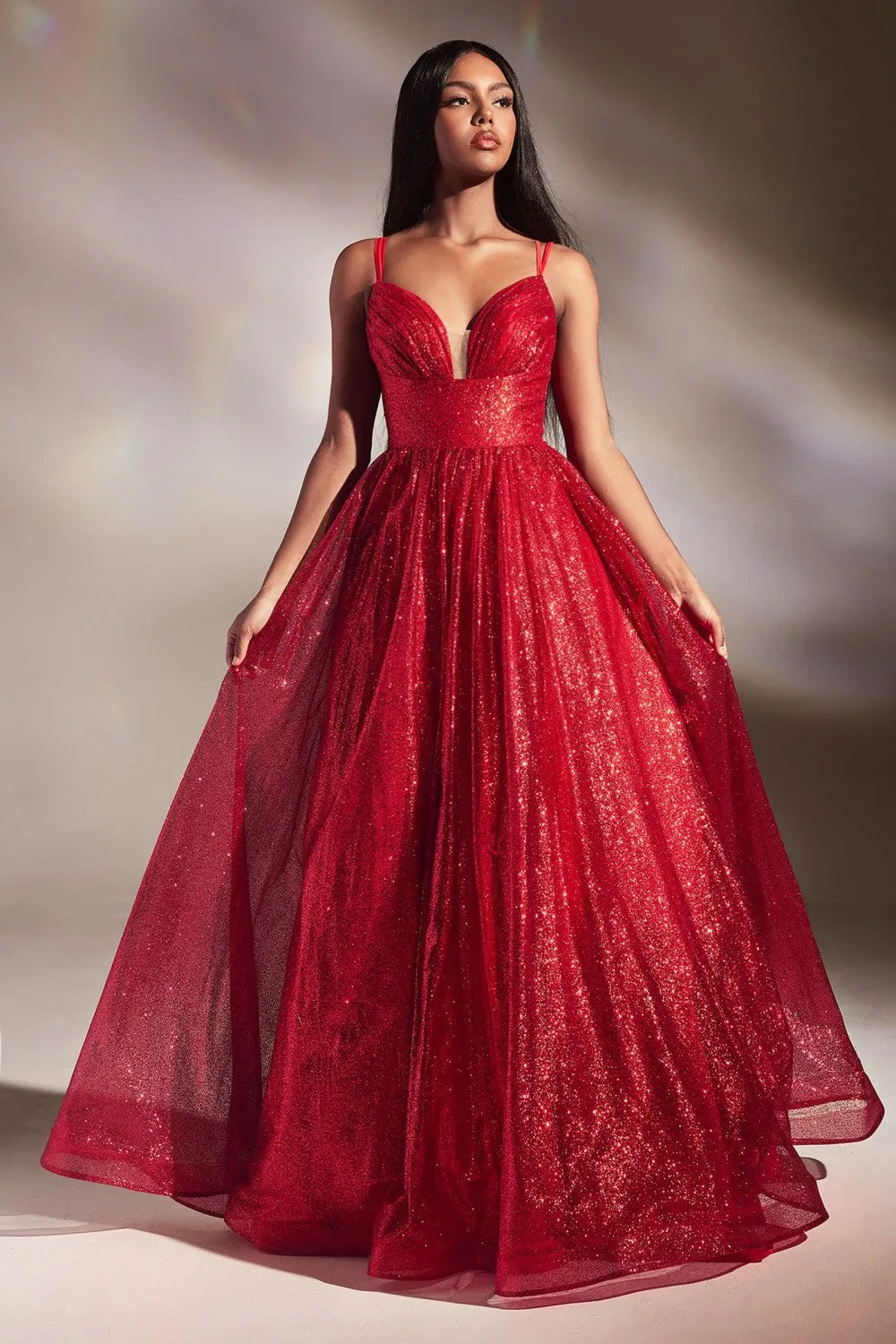 CD CD996 - Glittery Ball Gown with Gathered V-Neck Bodice Open Lace Up Corset Back & Side Pockets
