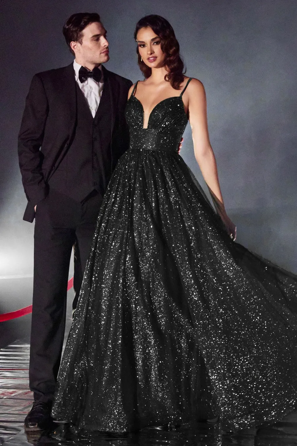 CD CD996 - Glittery Ball Gown with Gathered V-Neck Bodice Open Lace Up Corset Back & Side Pockets