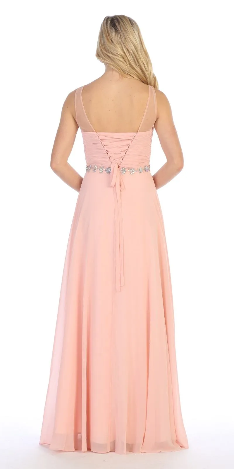Celavie 5020 Illusion Ruched Bodice Long Dress Sleeveless