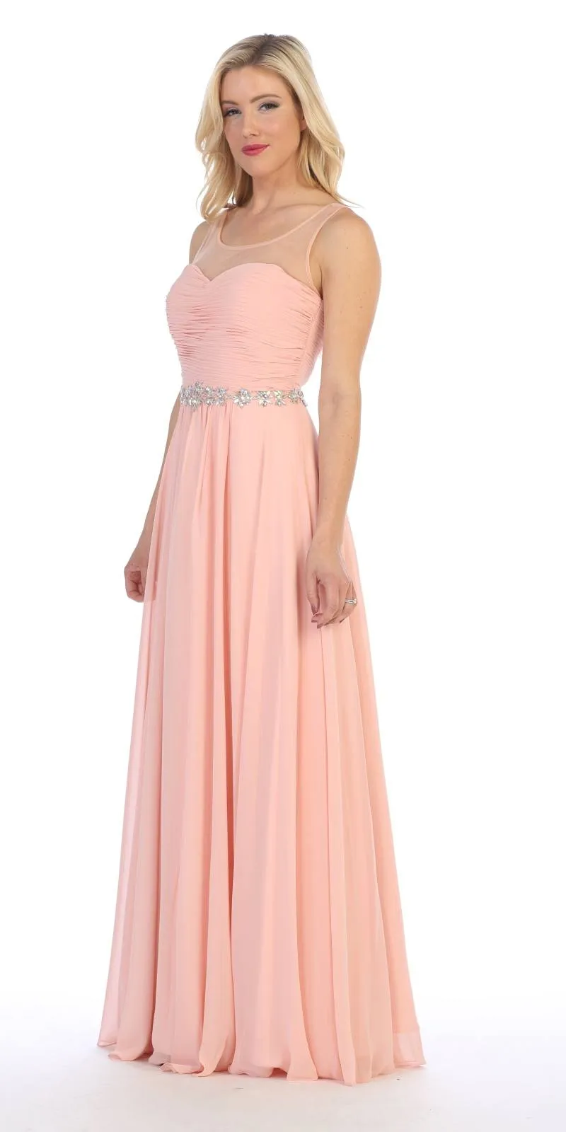 Celavie 5020 Illusion Ruched Bodice Long Dress Sleeveless