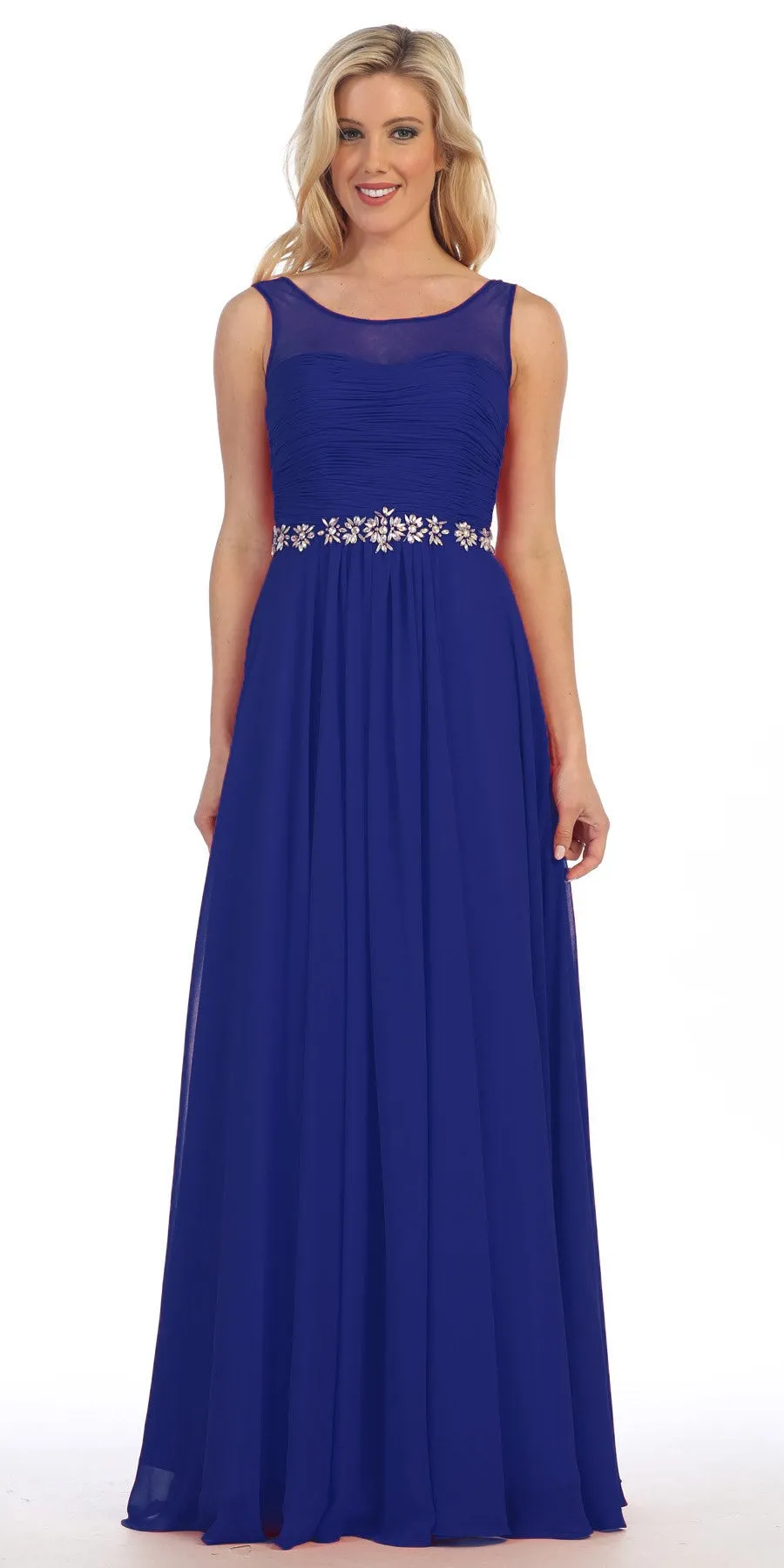 Celavie 5020 Illusion Ruched Bodice Long Dress Sleeveless