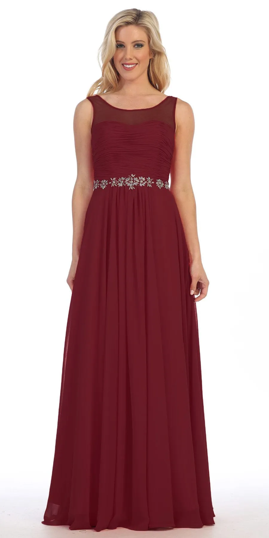 Celavie 5020 Illusion Ruched Bodice Long Dress Sleeveless