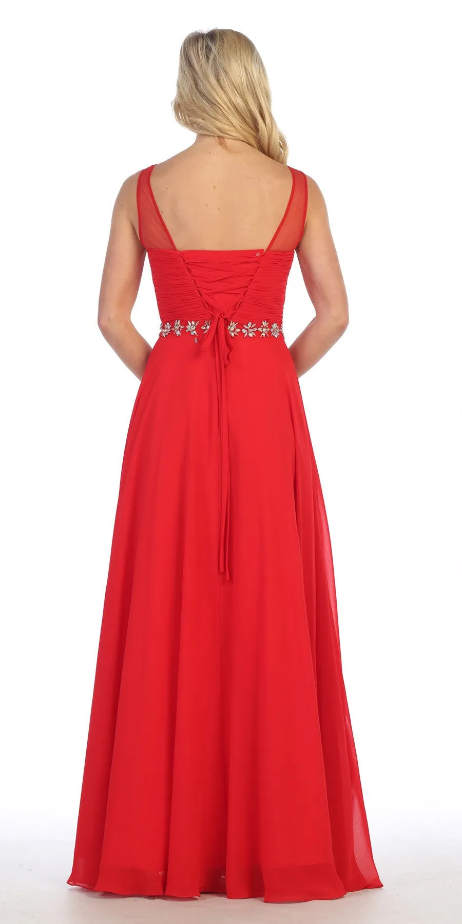 Celavie 5020 Illusion Ruched Bodice Long Dress Sleeveless