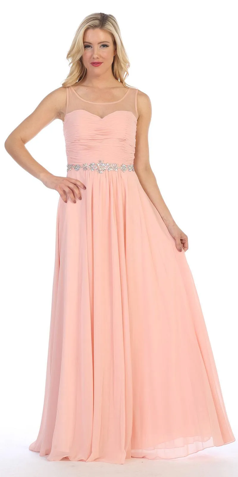 Celavie 5020 Illusion Ruched Bodice Long Dress Sleeveless