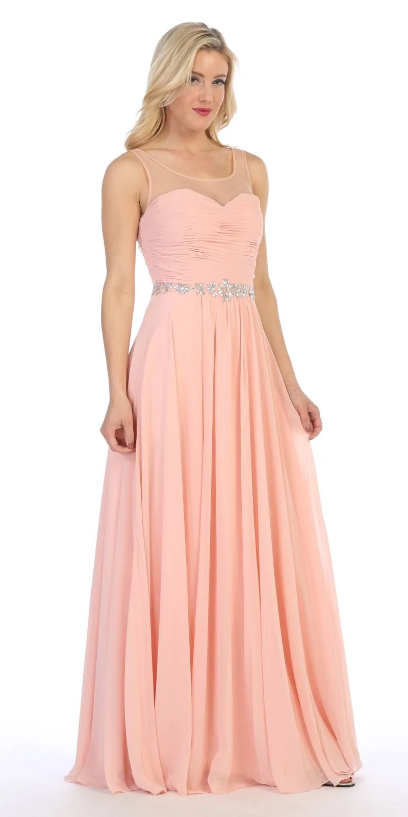 Celavie 5020 Illusion Ruched Bodice Long Dress Sleeveless