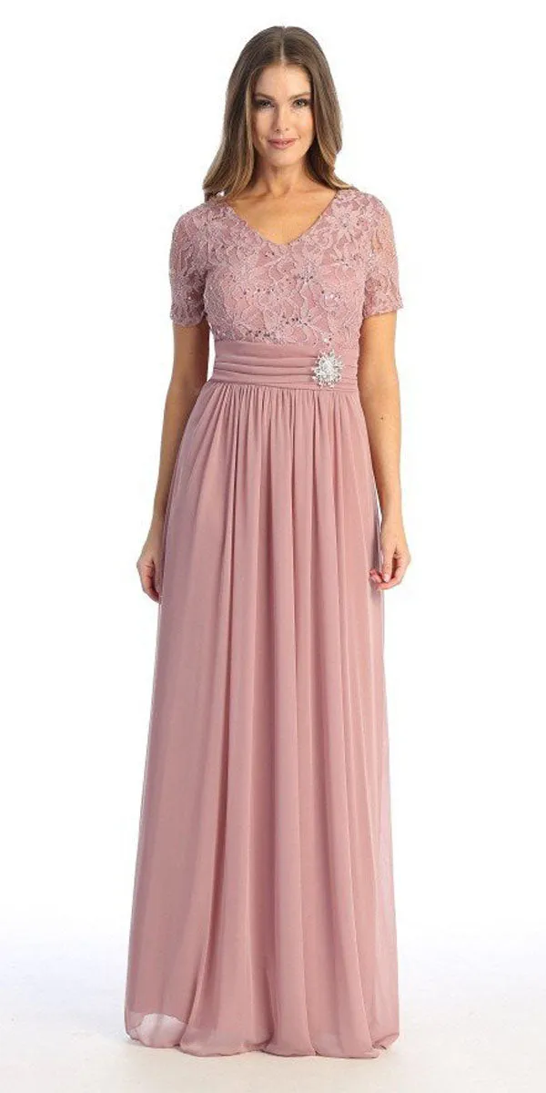 Celavie 6320-L Short Sleeves Long A-Line Chiffon Dress Empire Waist
