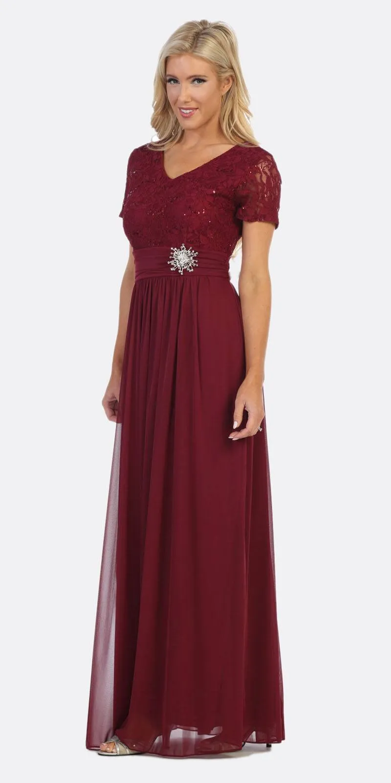 Celavie 6320-L Short Sleeves Long A-Line Chiffon Dress Empire Waist