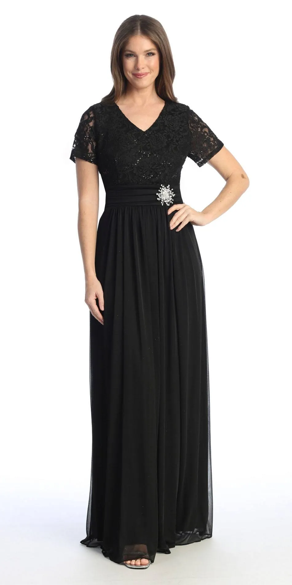 Celavie 6320-L Short Sleeves Long A-Line Chiffon Dress Empire Waist