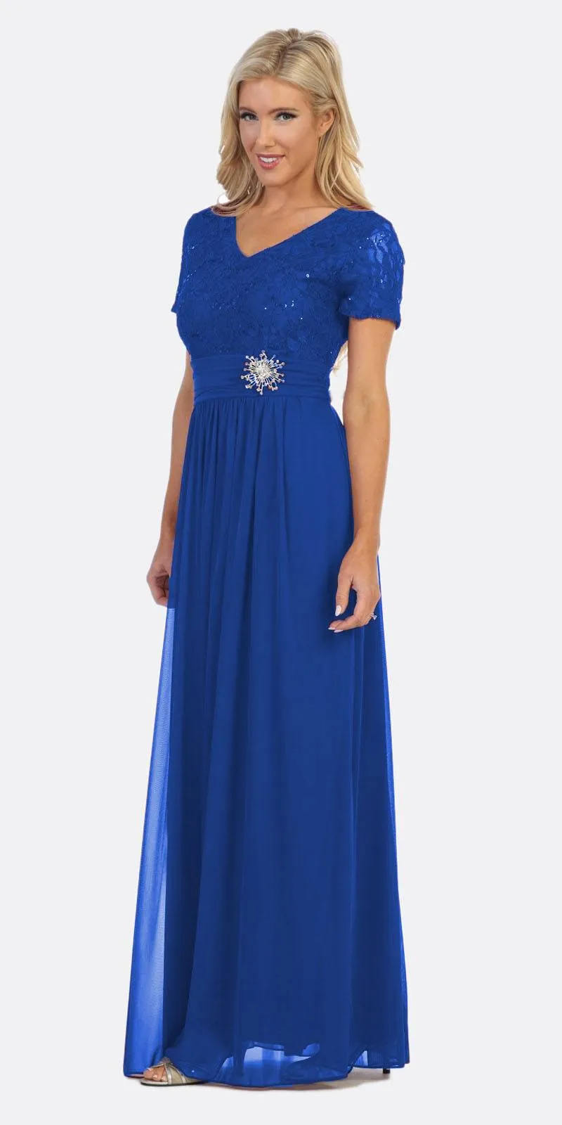 Celavie 6320-L Short Sleeves Long A-Line Chiffon Dress Empire Waist