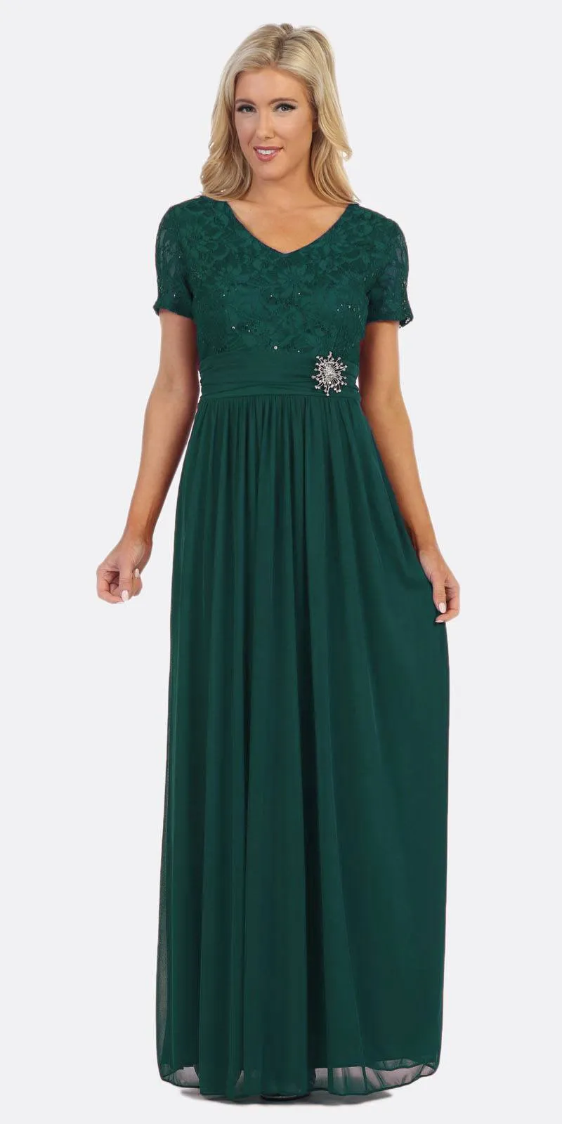 Celavie 6320-L Short Sleeves Long A-Line Chiffon Dress Empire Waist