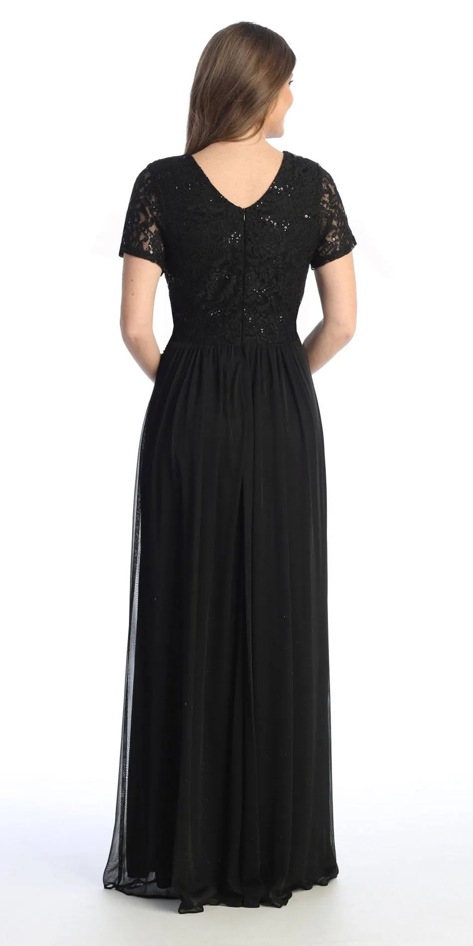 Celavie 6320-L Short Sleeves Long A-Line Chiffon Dress Empire Waist