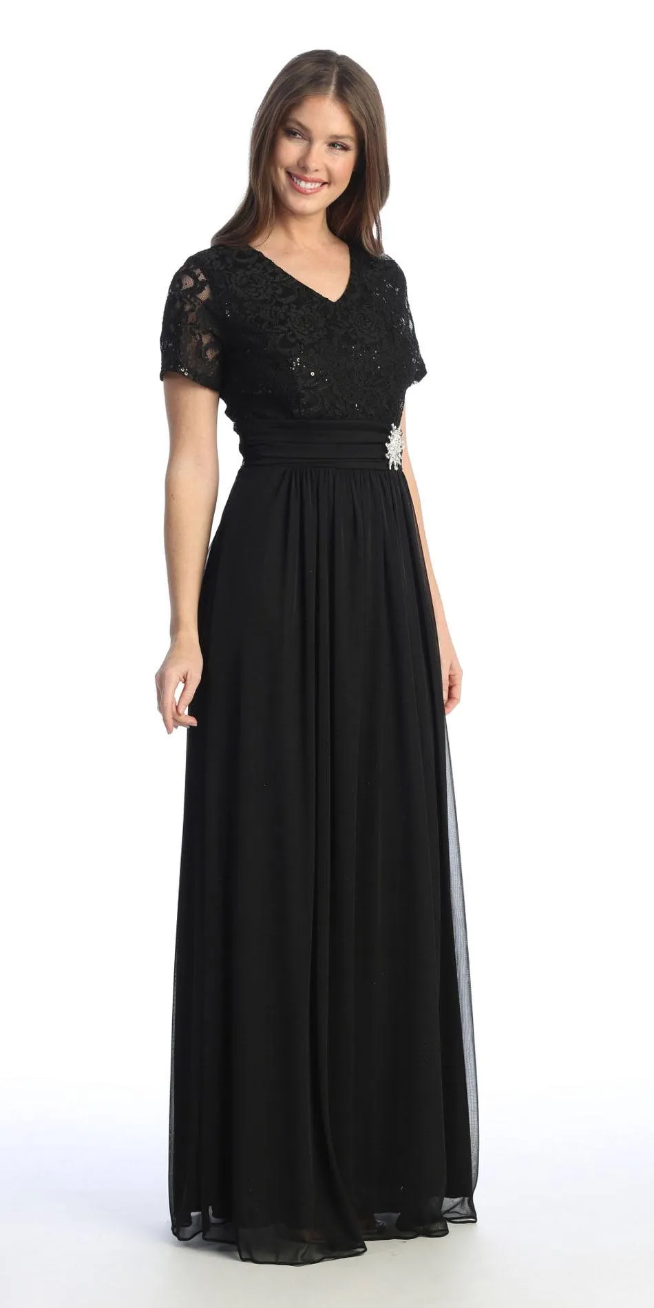 Celavie 6320-L Short Sleeves Long A-Line Chiffon Dress Empire Waist