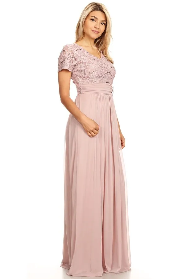 Celavie 6320-L Short Sleeves Long A-Line Chiffon Dress Empire Waist