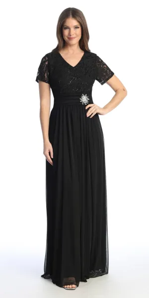 Celavie 6320-L Short Sleeves Long A-Line Chiffon Dress Empire Waist