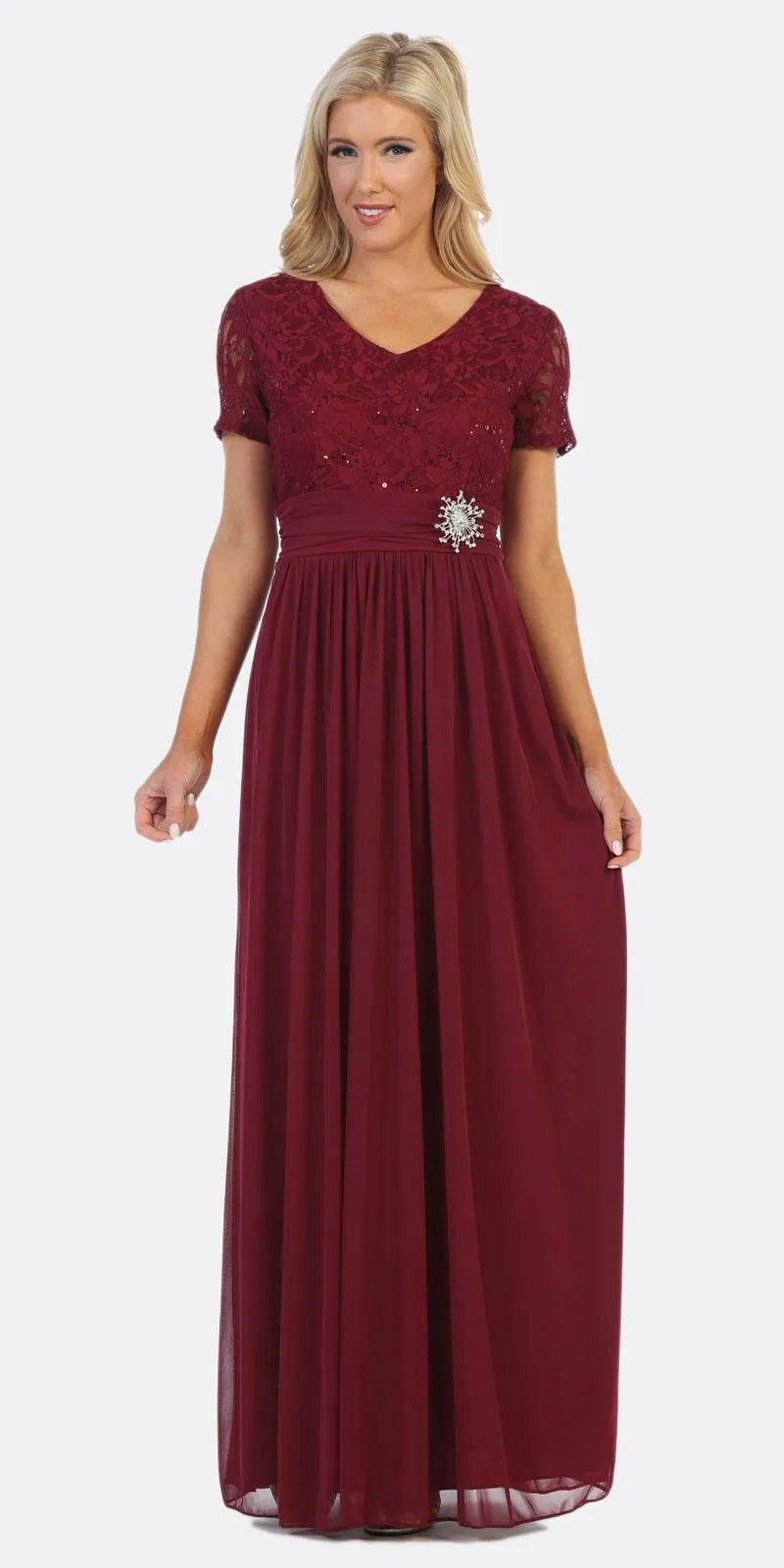 Celavie 6320-L Short Sleeves Long A-Line Chiffon Dress Empire Waist