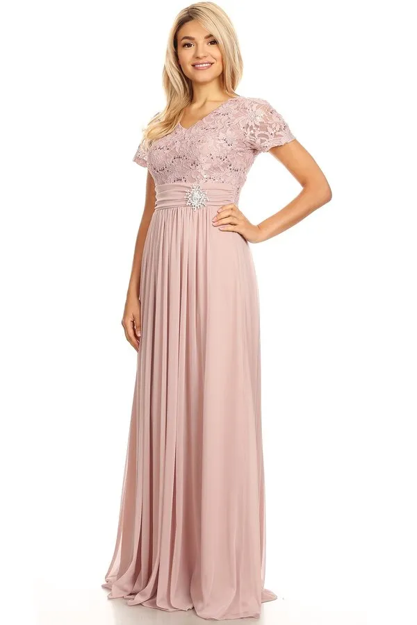 Celavie 6320-L Short Sleeves Long A-Line Chiffon Dress Empire Waist