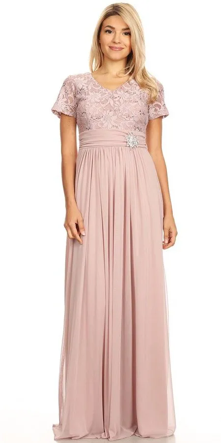 Celavie 6320-L Short Sleeves Long A-Line Chiffon Dress Empire Waist