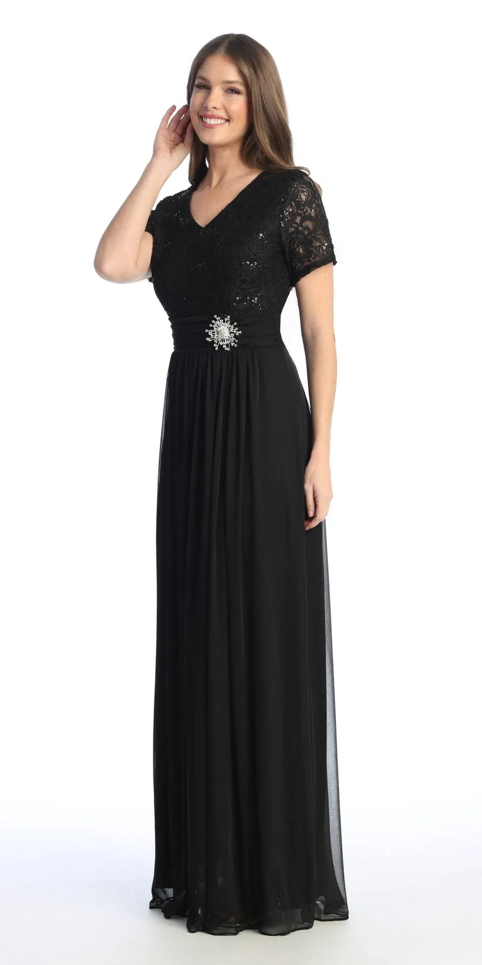 Celavie 6320-L Short Sleeves Long A-Line Chiffon Dress Empire Waist