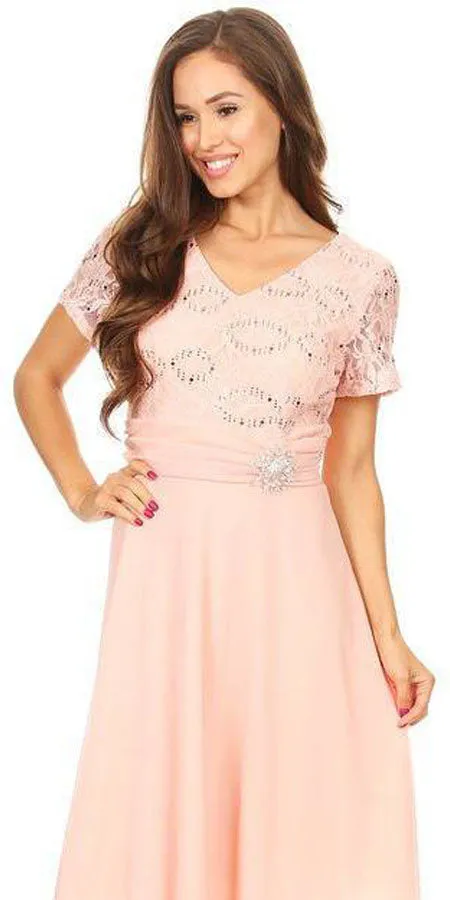 Celavie 6320-L Short Sleeves Long A-Line Chiffon Dress Empire Waist