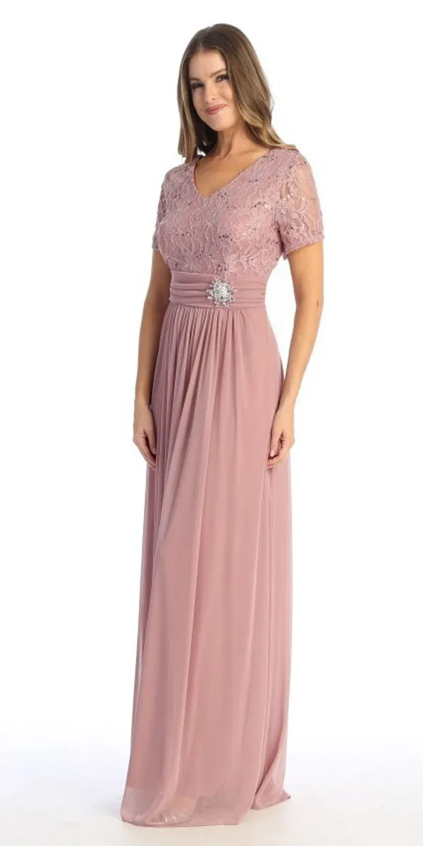 Celavie 6320-L Short Sleeves Long A-Line Chiffon Dress Empire Waist