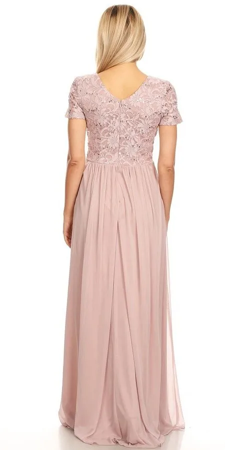 Celavie 6320-L Short Sleeves Long A-Line Chiffon Dress Empire Waist