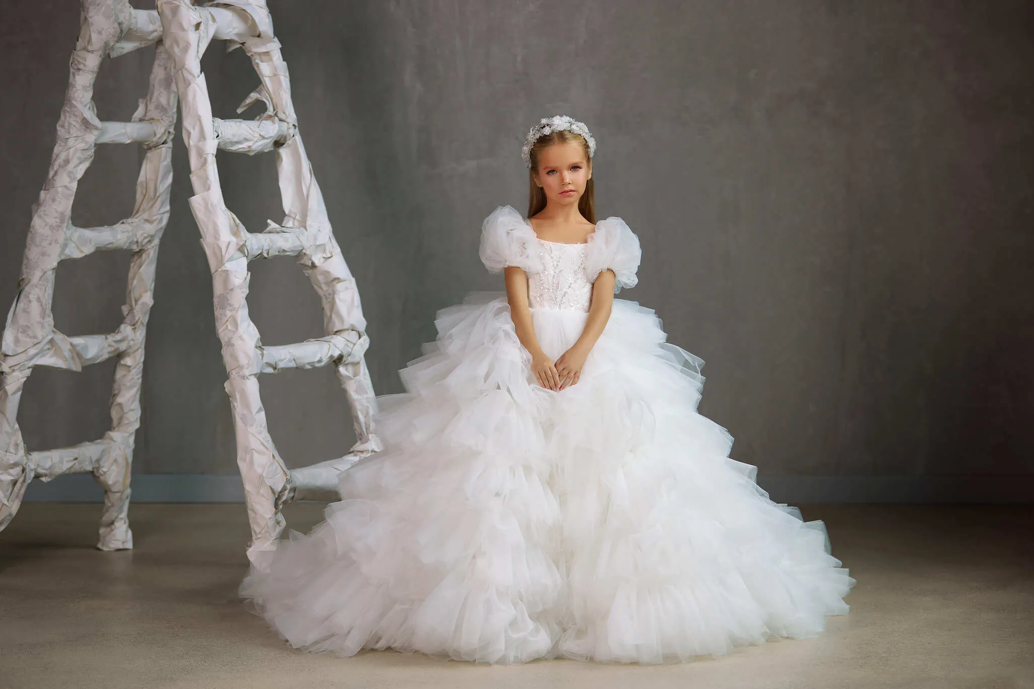 CHANEL – PUFF SHOULDER COMMUNION DRESS WITH RUFFLED TULLE SKIRT