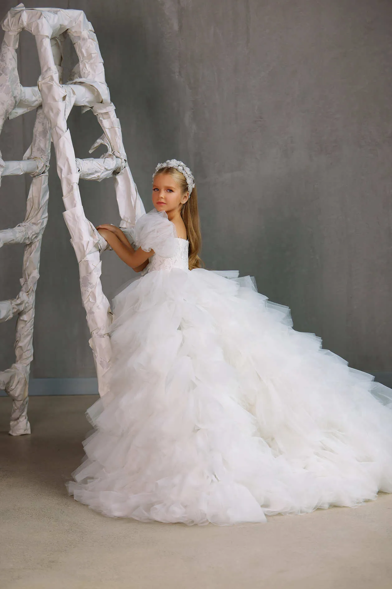 CHANEL – PUFF SHOULDER COMMUNION DRESS WITH RUFFLED TULLE SKIRT