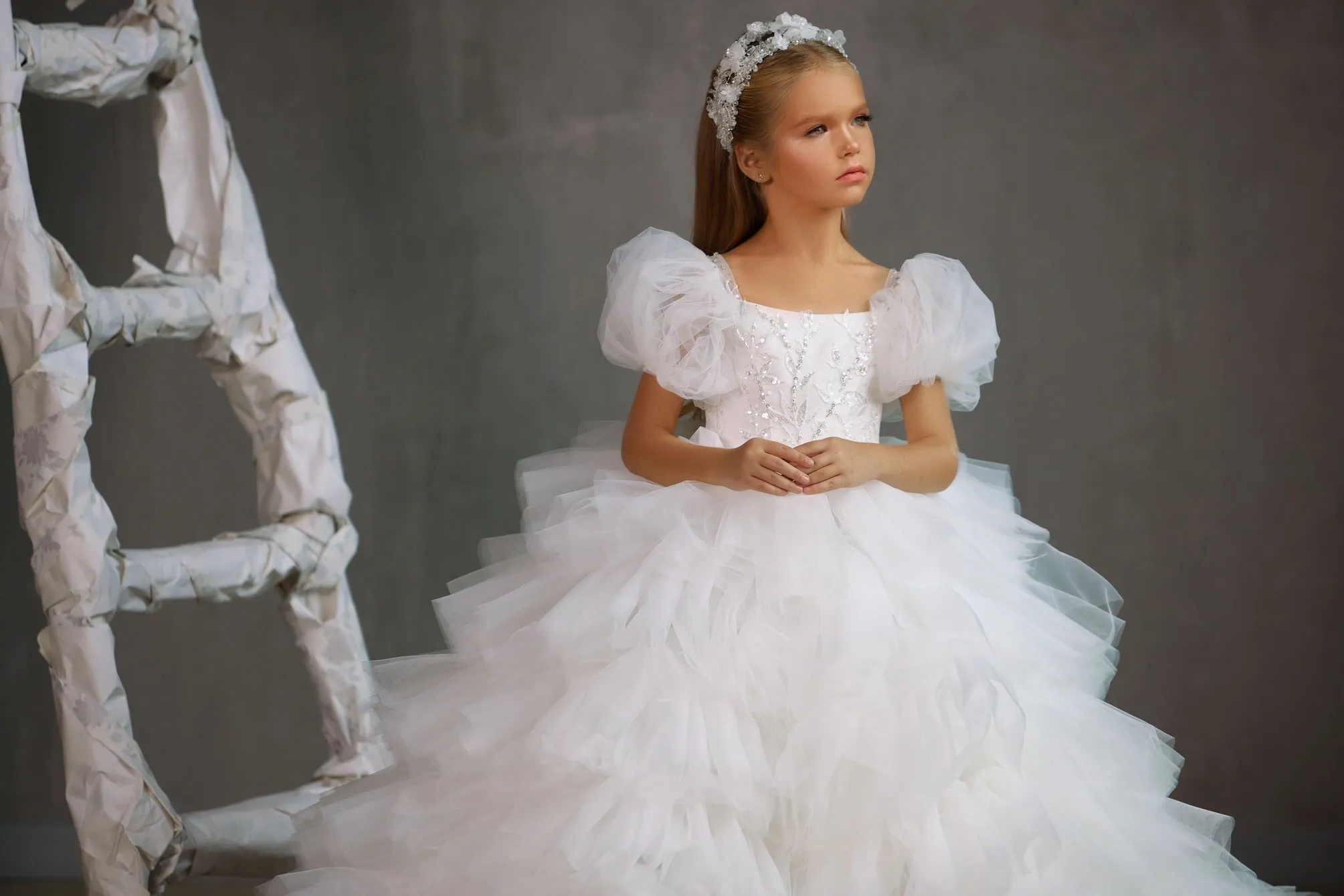 CHANEL – PUFF SHOULDER COMMUNION DRESS WITH RUFFLED TULLE SKIRT