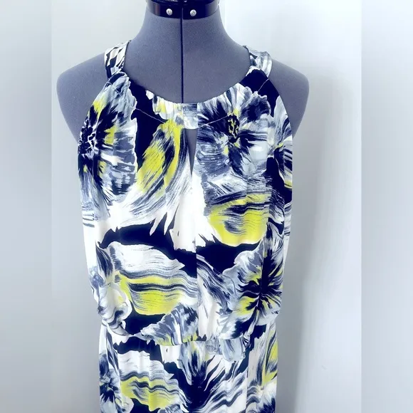 Chico’s Sz 3 Stretchy Halter Floral Maxi Dress Halter Neck Keyhole Front